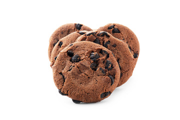 Delicious chocolate cookies on white background