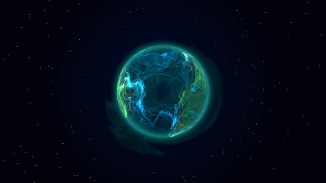 Blue plasma planet in space. Rotating  energy ball with beautiful energy charges. Water planet