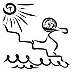 A man goes down the stairs with a big coin, moving away from the light