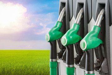 A number of fuel dispensers in the filling column against the background of a green field....