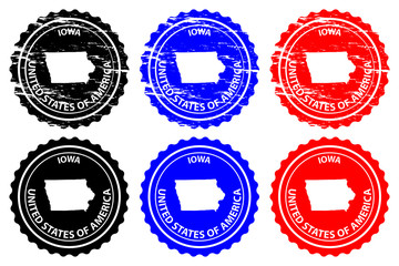 Iowa - rubber stamp - vector, Iowa (United States of America) map pattern - sticker - black, blue and red 