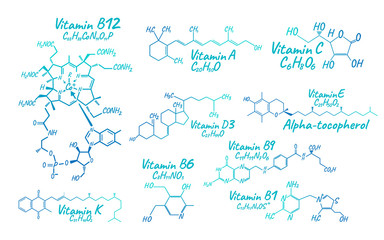 Vitamin Complex B1, B6, B9, B12, K, A, E, C Label and Icon. Chemical Formula and Structure Logo. Vector Illustration