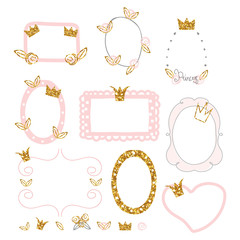 Set of cute princess photo frames with gold glitter elements. Vector hand drawn illustration. © bilaaa
