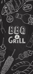 BBQ and grill banner with sketch objects. Hand drawn barbecue elements around decorative text. BBQ party. Grill time, vertical composition.