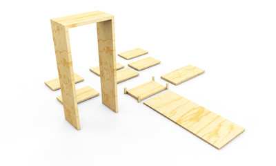 Set wooden shelf isolated on background. 3d rendering