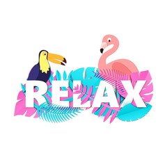 Word RELAX composition with creative pink and blue jungle leaves toucan flamingo in trandy paper cut style. Tropical craft design for your poster, banner, flyer. Vector card illustration.