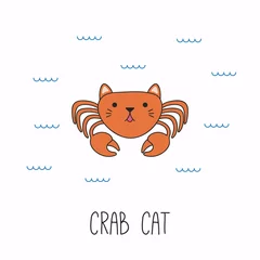 Zelfklevend Fotobehang Hand drawn vector illustration of a kawaii funny cat crab, swimming in the sea. Isolated objects on white background. Line drawing. Design concept for children print. © Maria Skrigan