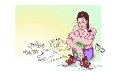 girl sits and smiles in a pile of clotches, a lot of things around, a day of washing, a choice of clothes