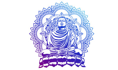 Buddha over ornate mandala round pattern esoteric, shining buddha in meditation on beautiful and magical mandala can be used as greeting card for
