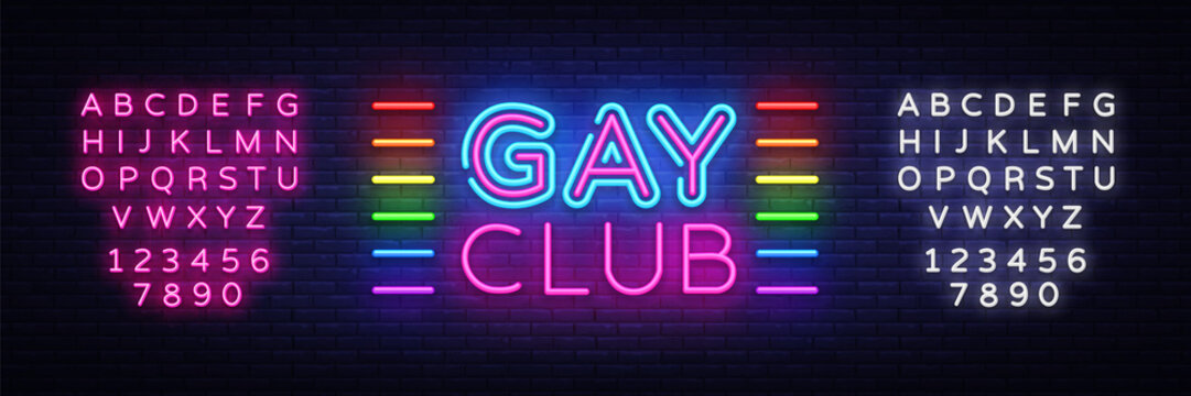 Gay club neon sign vector. Gay Club design template neon sign, light banner, neon signboard, nightly bright advertising, light inscription. Vector illustration. Editing text neon sign