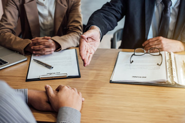 Welcome to colleagues, two senior manager shaking hands after during job interview, interview the job and hiring concept