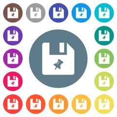 Pin file flat white icons on round color backgrounds