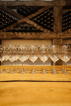 Empty glasses in wine cellar