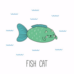 Illustration vectorielle dessinée à la main d& 39 un poisson-chat drôle kawaii, nageant dans la mer. Objets isolés sur fond blanc. Dessin au trait. Concept de design pour les enfants imprimés.