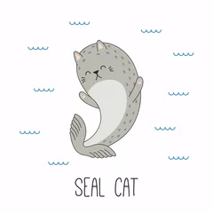 Fotobehang Hand drawn vector illustration of a kawaii funny cat seal, swimming in the sea. Isolated objects on white background. Line drawing. Design concept for children print. © Maria Skrigan