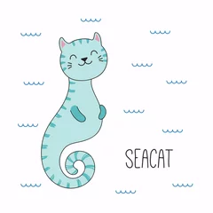 Fotobehang Hand drawn vector illustration of a kawaii funny cat seahorse, swimming in the sea. Isolated objects on white background. Line drawing. Design concept for children print. © Maria Skrigan