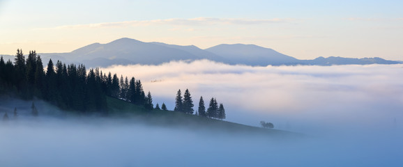 Mountain landscape. Sunrise in the clouds. Dense fog with nice soft light.