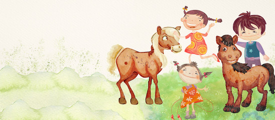 Children with horses in a stud. Watercolor background. Happy childhood concept.