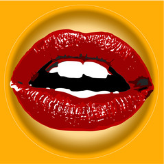 icon glamour Red lips with pomade  on body colore plate. Sexy biting red lips make pomade. Vector- illustration. 