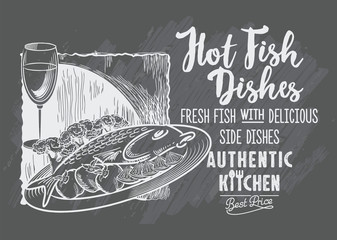 Рыба на тарелке, Бокал с вином, рекламная вывеска, рисунок мелом на доске, леттеринг, иллюстрация, вектор