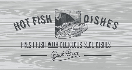 Рыба на тарелке, Бокал с вином, рекламная вывеска горизонтальная, на деревянном фоне, лучшая цена, леттеринг, иллюстрация, вектор