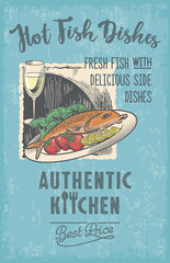Рыба на тарелке, Бокал с вином, вертикальная вывеска, винтаж, аутентичная кухня, лучшая цена, леттеринг, иллюстрация, вектор