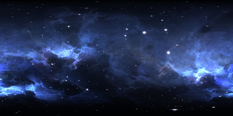 360 degree space nebula panorama, equirectangular projection, environment map. HDRI spherical panorama. Space background with nebula and stars. - obrazy, fototapety, plakaty