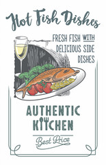 Рыба на тарелке, Бокал с вином, рекламная вывеска на белом фоне, вертикальная, аутентичная кухня, лучшая цена, леттеринг, иллюстрация, вектор