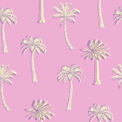 Palm tree pattern. Seamless hand drawn textures on exotic trendy background. Nature textile print. Modern tropical template for web, card, placard, poster, cover, flyer, invitation, brochure, banner.