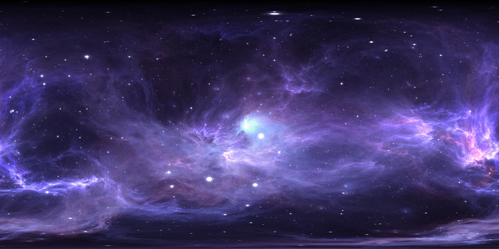 Fototapeta 360 degree space nebula panorama, equirectangular projection, environment map. HDRI spherical panorama. Space background with nebula and stars.