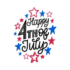 Happy Fourth of July, hand lettering. Vector calligraphy for Independence Day on stars background.