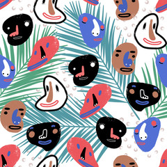 Naklejka premium Funny cartoon faces seamless pattern ilustration. comic tropical bacground
