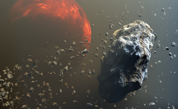 Asteroids or meteorites field in the outer space, formation of planets.