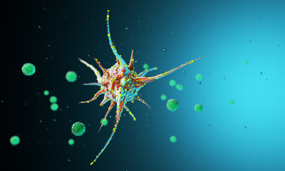 Obraz na płótnie Canvas Virus cells under a microscope.