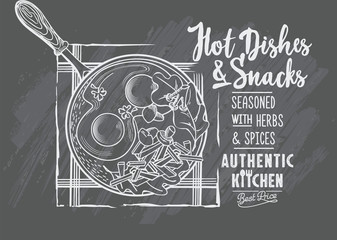 Яичница на сковороде с грибами и картофелем, рекламная вывеска, рисунок мелом на доске, аутентичная кухня, леттеринг, иллюстрация, вектор