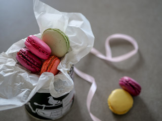 colorful macaroons, almond cookies, pastel colors, vintage card, with place to add text