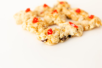 Selective focus dessert with dry fruit on white background