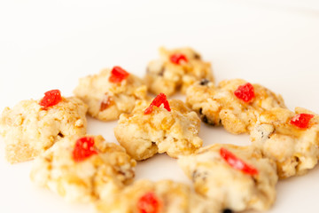 Selective focus dessert with dry fruit on white background