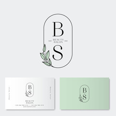 Beauty salon Logo and identity. B and S monograms. Emblem of female clothing or lingerie. Elegant round icon with leaves and letters. Flower or lingerie shop.