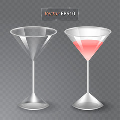 Juice and an empty glass. Fruit organic drink. Healthy diet. Clean eating. Tall glass with beverage. Transparent photo realistic vector illustration.