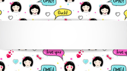 Girl banner with anime emoji pattern. Cute stickers with emoticon and 3d paper. Childish girl banner with kawaii asian faces. Template for fashion and make up sales, ads, special offers and flyers.