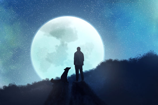 The man with the fox stands on the background of the starry sky. Digital drawing.