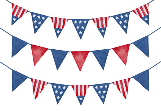 Collection of festive holiday bunting with the United States flag ornament. Hand drawn water color graphic illustration, isolated clipart elements. American patriotic decorations. Triangular shape.