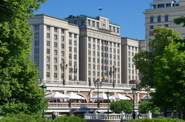 Moscow, Russia - June 15, 2018: Summer view from the Alexander garden on the building of the state...