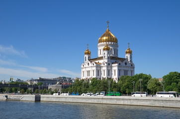 Summer view of the Cathedral of Christ the Saviour and Prechistenskaya embankment in Moscow, Russia