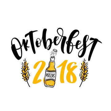 Oktoberfest 2018 hand written lettering logo, label, badge, emblem. Vector illustration.