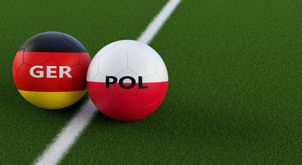 Germany vs. Poland Soccer Match - Soccer balls in Germanys and Polands national colors on a soccer field. Copy space on the right side - 3D Rendering 