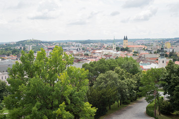 Nitra city skyline panorama aerial downtown church castle view, Slovakia