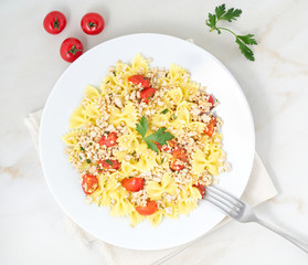 farfalle pasta with tomatoes, chiken meat, parsley on white stone background, low-calorie diet, top view