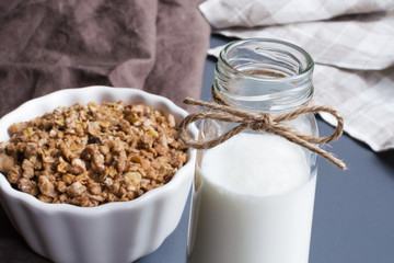 homemade drinking yoghurt and muesli breakfast